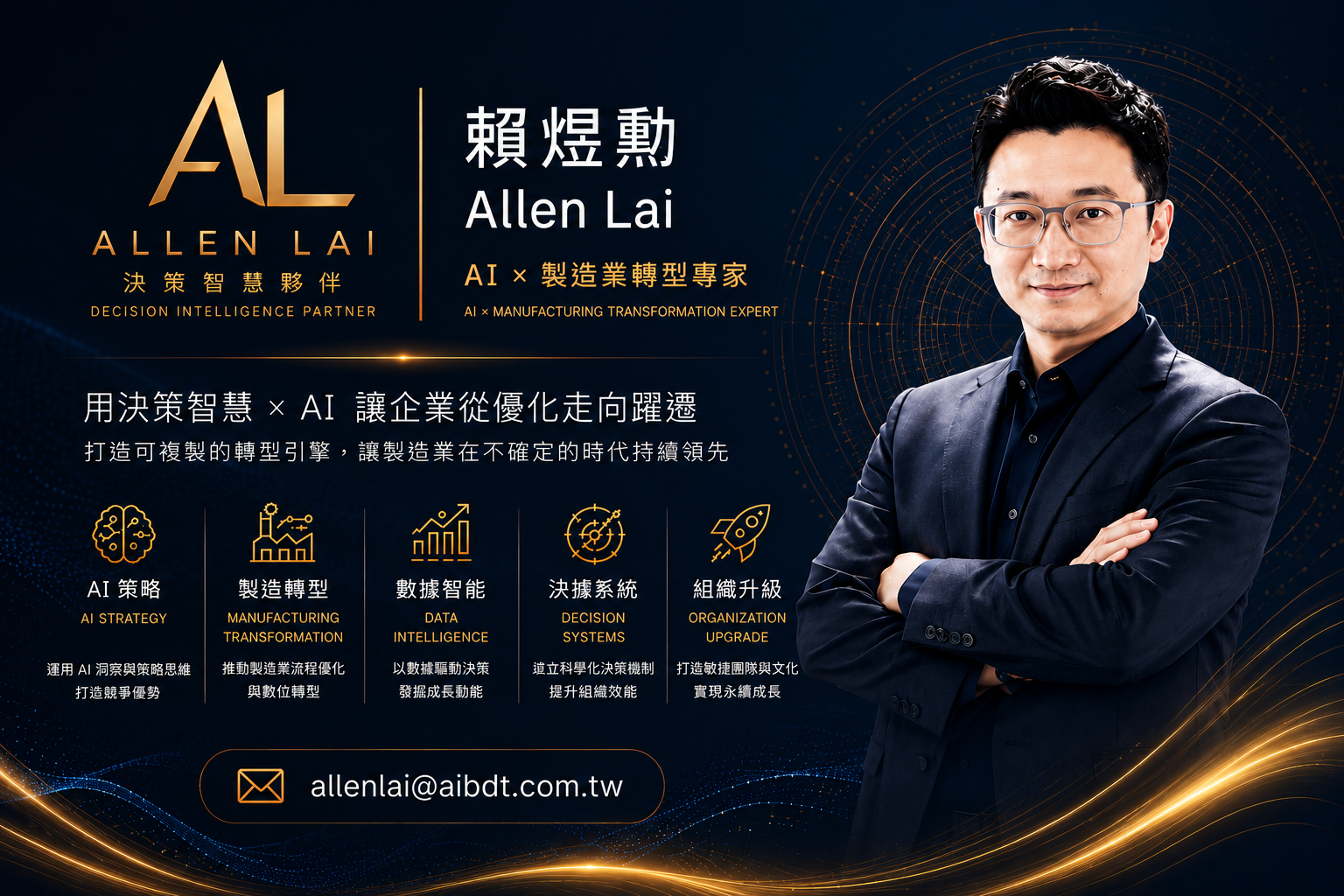 賴煜勲 Allen Lai，決策智慧夥伴，AI × 製造業轉型專家，email: allenlai@aibdt.com.tw